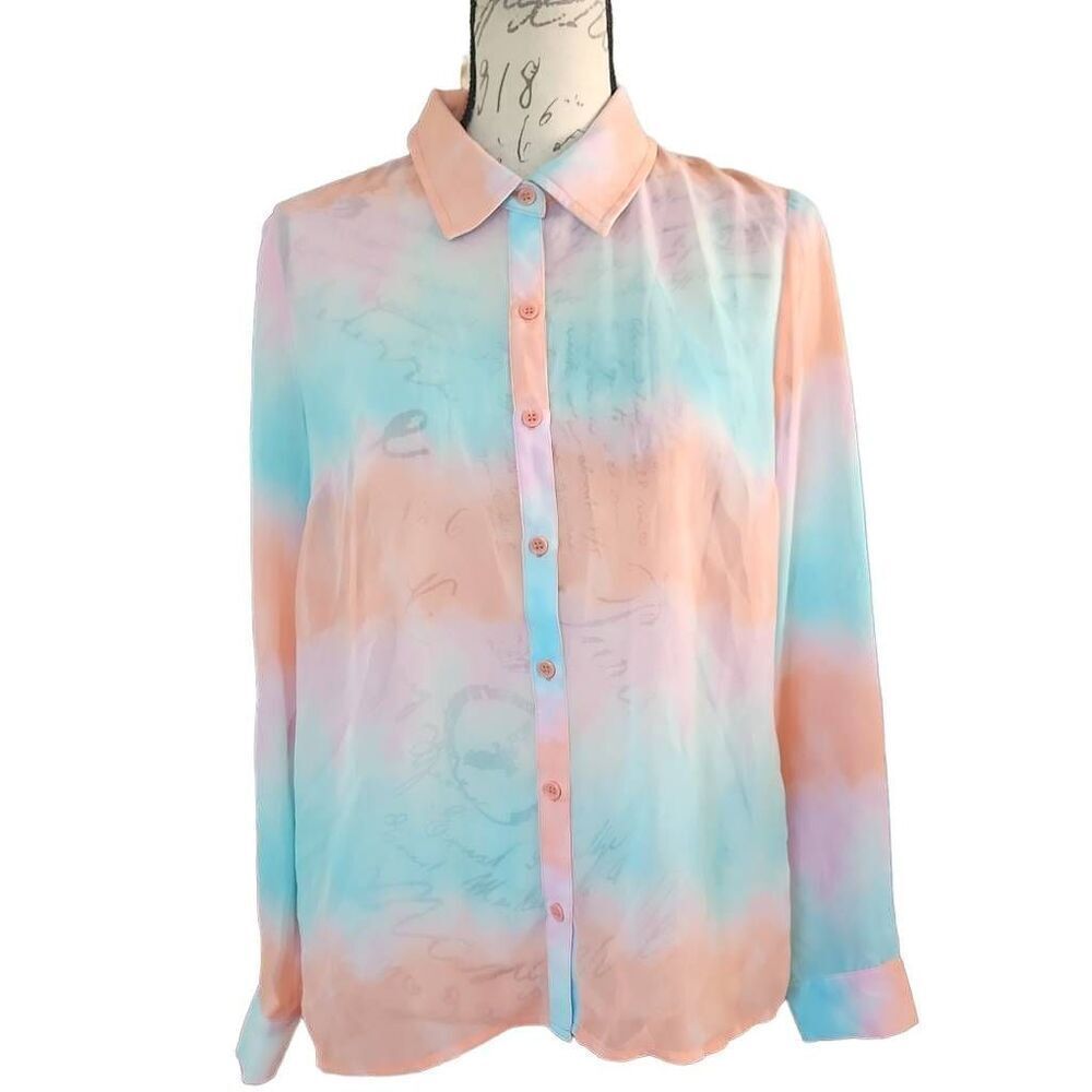Forever 21 Women's Size Medium Pink Blue Sheer Button Down Long Sleeve Shirt
